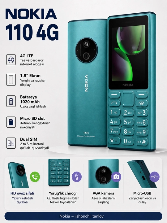 Nokia 110 — tugmali telefon, 4G LTE, 2 SIM, kamera, MicroSD, rangli ekran, 1020 mAh - 