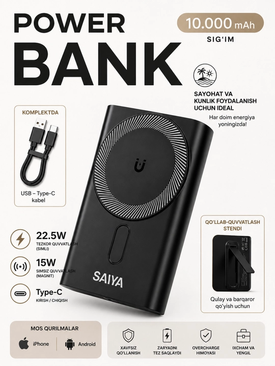 Magnit Power Bank 10000mAh, MagSafe, 22.5W Tezkor Zaryad, 15W Simsiz Zaryad, Type-C, SAIYA - 