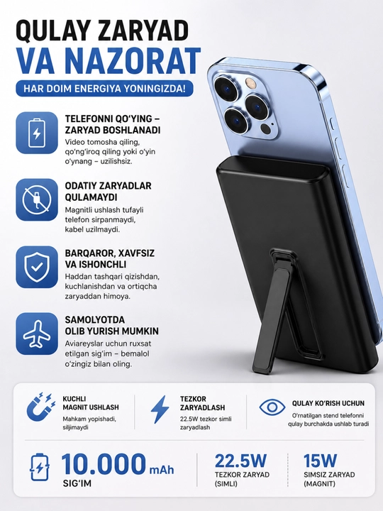 Magnit Power Bank 10000mAh, MagSafe, 22.5W Tezkor Zaryad, 15W Simsiz Zaryad, Type-C, SAIYA