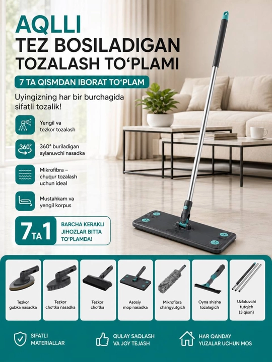 Shvabra, mop, tozalash to‘plami, 7 in 1, mikrofiber, tozalash, pol yuvish, oyna artish - 