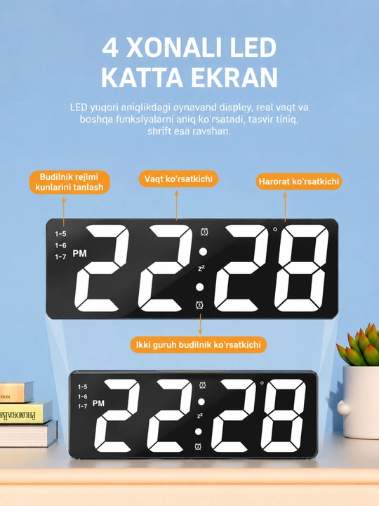 Ko'p funksiyali LED soat, elektron budilnik
