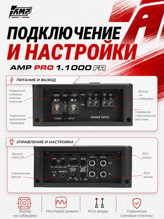 Sabvufer uchun AMP PRO 1.1000FR monoblok avtomobil kuchaytirgichi