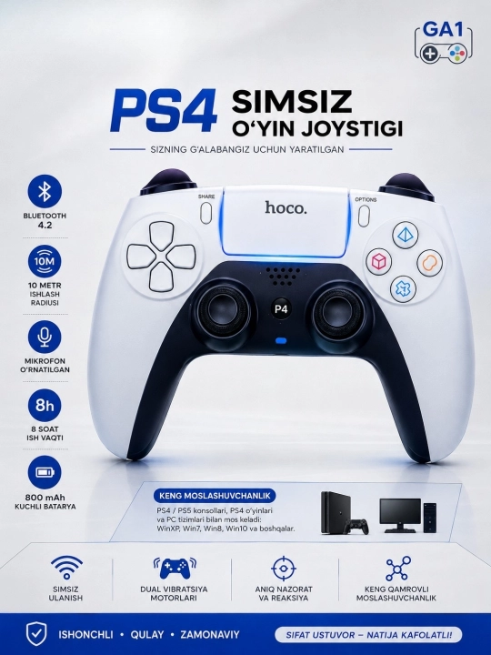 Hoco GA1/GA2 Simsiz O‘yin Joystigi, Bluetooth 4.2, PS4/PS5/PC uchun - 