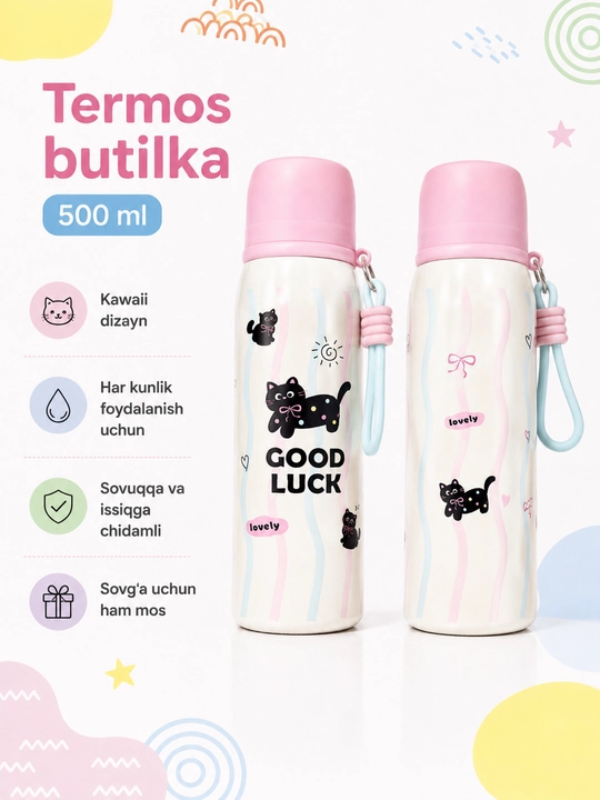 Vakuumli termos-butilka, 500 ml, SUS 304, stakan-qopqoqli, tutqichli, mushukcha dizayni