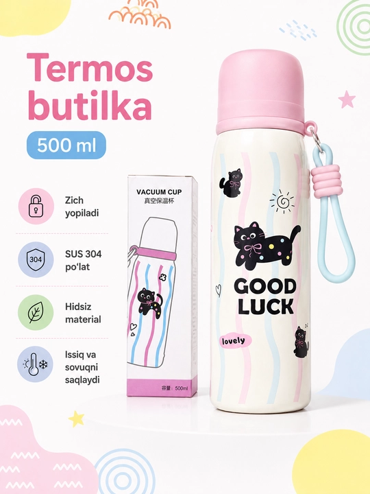 Vakuumli termos-butilka, 500 ml, SUS 304, stakan-qopqoqli, tutqichli, mushukcha dizayni