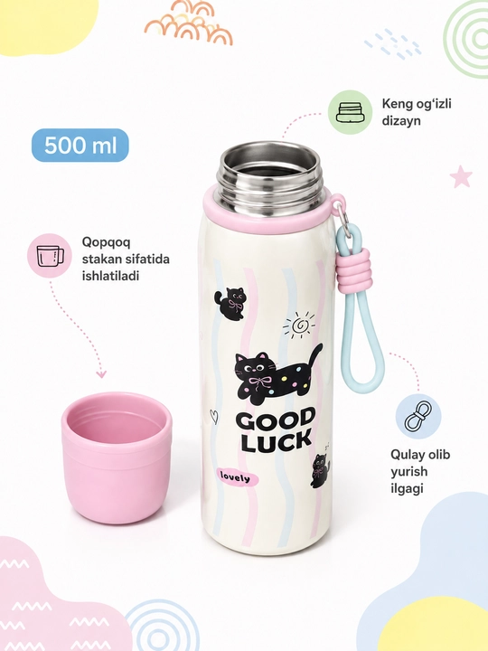 Vakuumli termos-butilka, 500 ml, SUS 304, stakan-qopqoqli, tutqichli, mushukcha dizayni