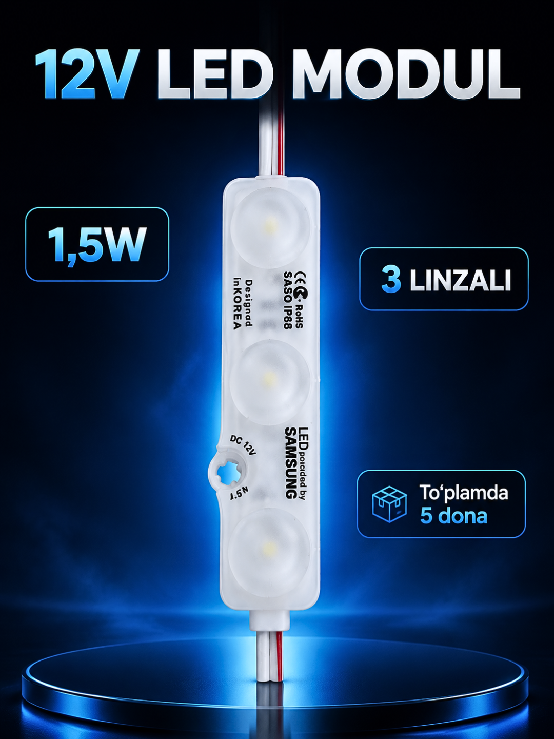 Interyer, avtomobil va reklama yoritishi uchun 12V LED modul va 12–24V kontroller