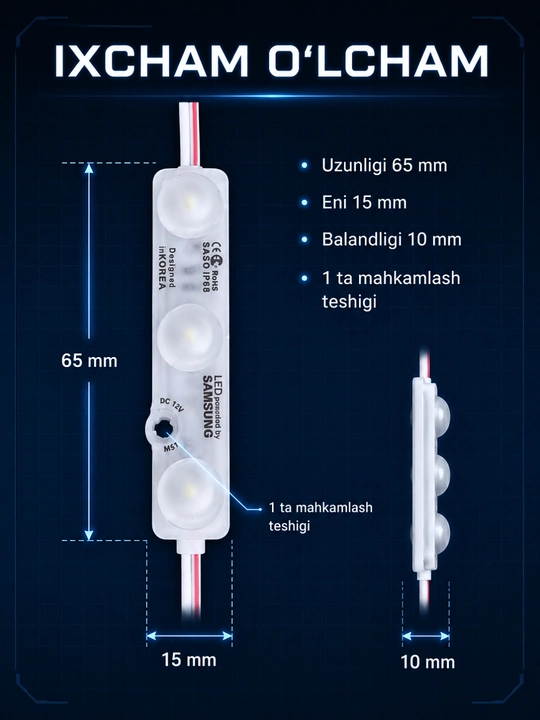 Interyer, avtomobil va reklama yoritishi uchun 12V LED modul va 12–24V kontroller