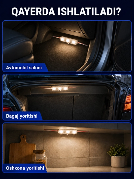 Interyer, avtomobil va reklama yoritishi uchun 12V LED modul va 12–24V kontroller