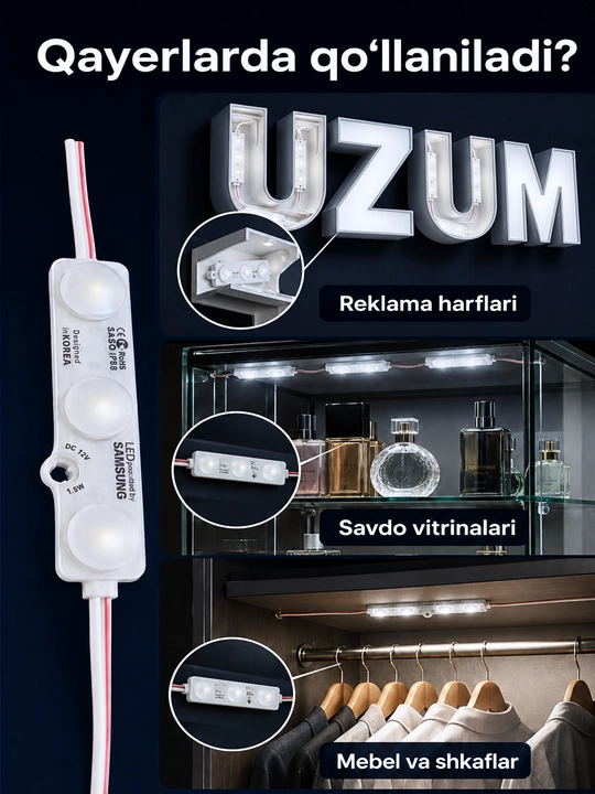 Interyer, avtomobil va reklama yoritishi uchun 12V LED modul va 12–24V kontroller