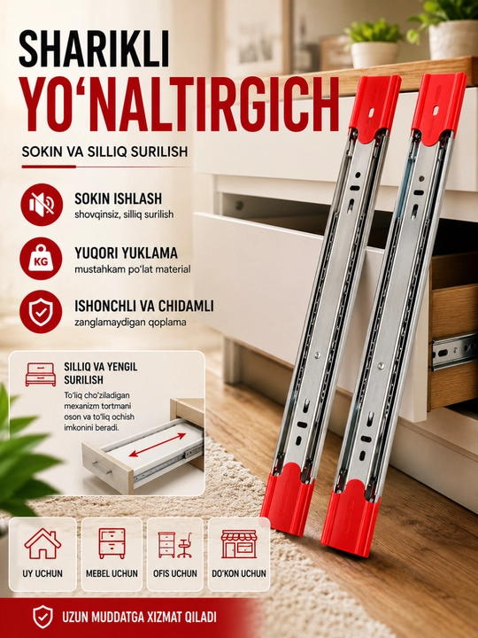 Tortma uchun rels, teleskopik sharikli yo‘naltirgich, mebel furniturasi, 2 dona - 