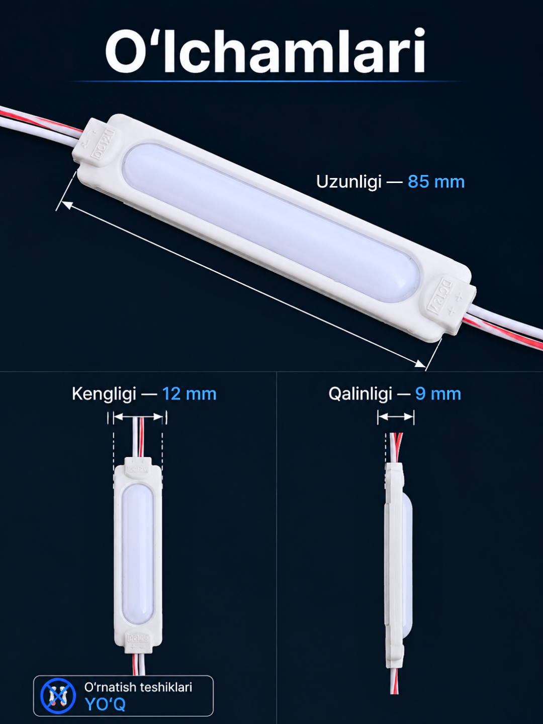 Interyer, avtomobil va reklama yoritishi uchun 12V LED modul va 12–24V kontroller