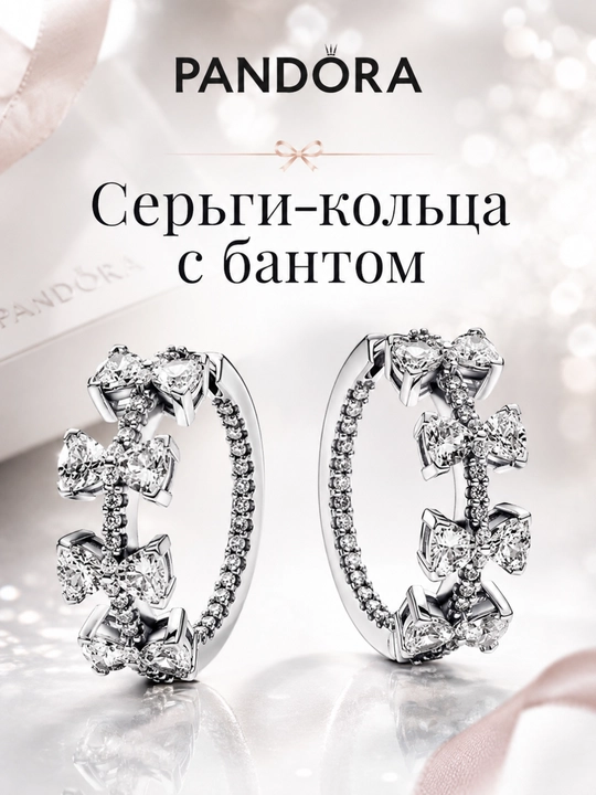 Серьги-кольца Pandora с бантами и сияющими камнями 293545C01 - 