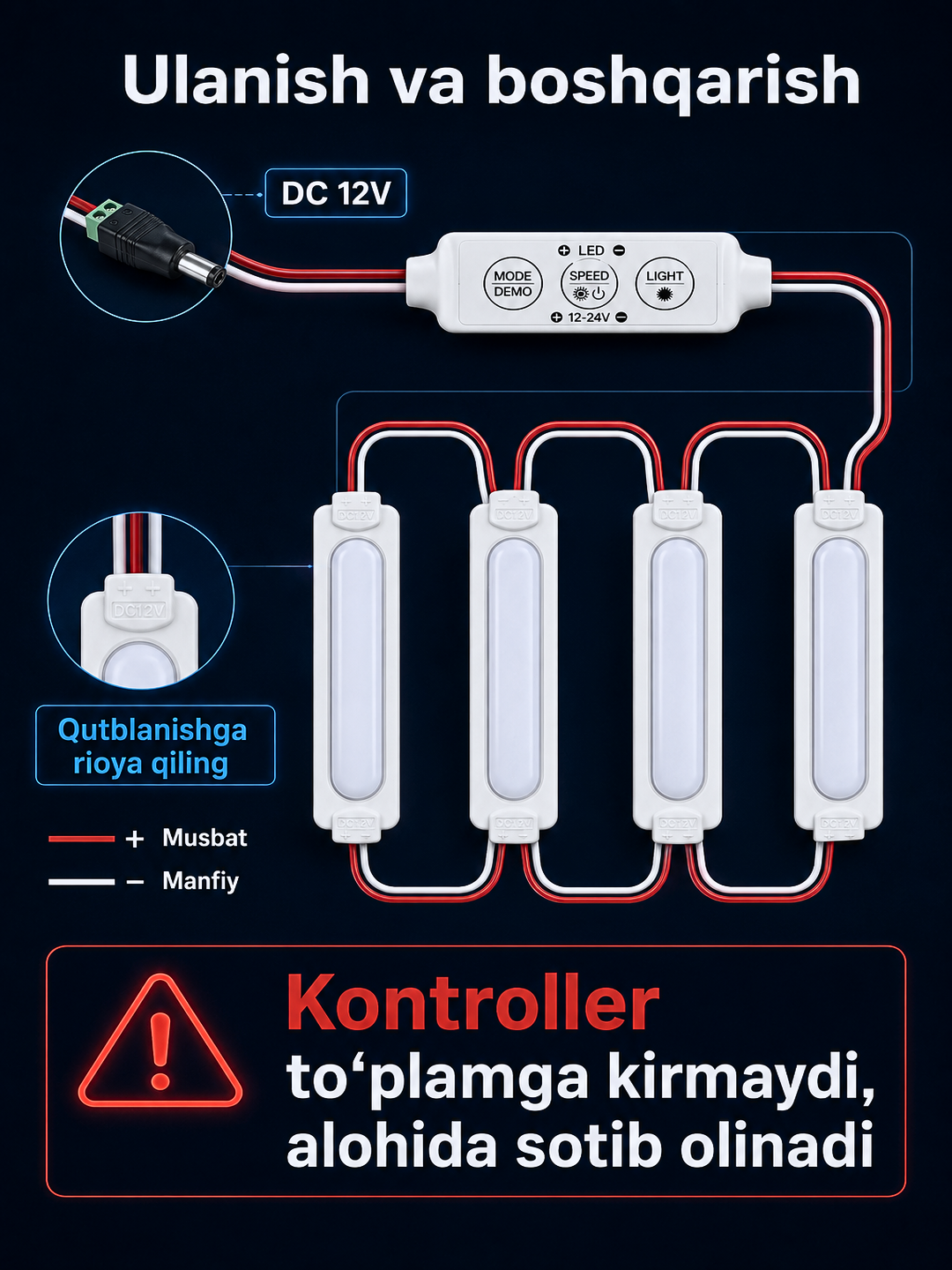 Interyer, avtomobil va reklama yoritishi uchun 12V LED modul va 12–24V kontroller