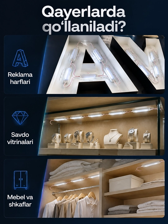 Interyer, avtomobil va reklama yoritishi uchun 12V LED modul va 12–24V kontroller