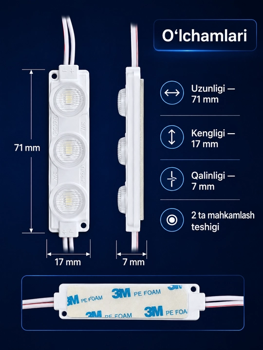 Interyer, avtomobil va reklama yoritishi uchun 12V LED modul va 12–24V kontroller