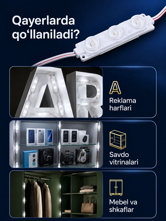 Interyer, avtomobil va reklama yoritishi uchun 12V LED modul va 12–24V kontroller