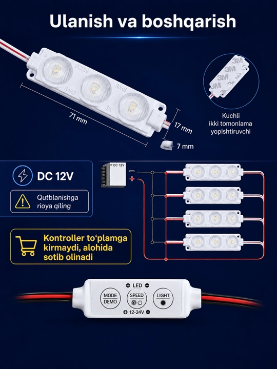 Interyer, avtomobil va reklama yoritishi uchun 12V LED modul va 12–24V kontroller