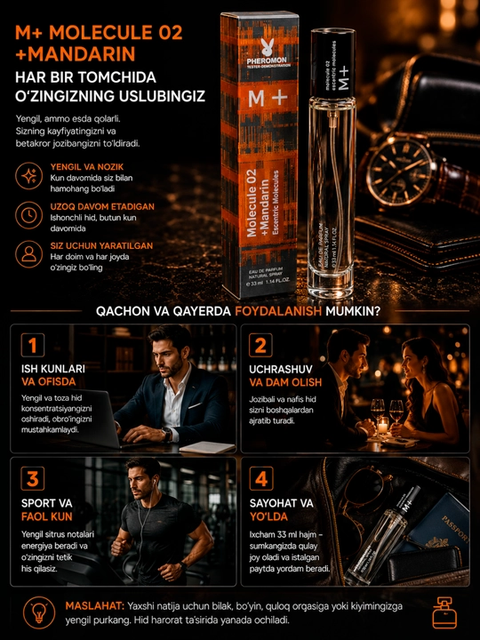 Parfumeriya suvi M+ Molecule 02 + Mandarin, uniseks, feromonli, 33 ml