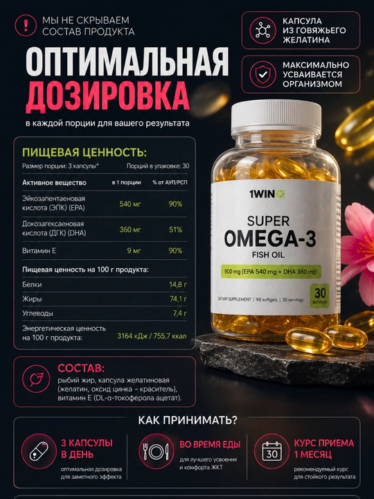 Комплекс 1WIN Омега-3 3000 мг + Мио-инозитол 1000 мг для женщин, БАД, 90 капсул