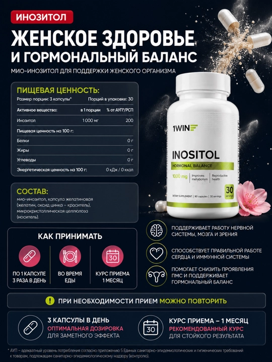 Комплекс 1WIN Омега-3 3000 мг + Мио-инозитол 1000 мг для женщин, БАД, 90 капсул
