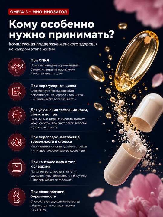 Комплекс 1WIN Омега-3 3000 мг + Мио-инозитол 1000 мг для женщин, БАД, 90 капсул