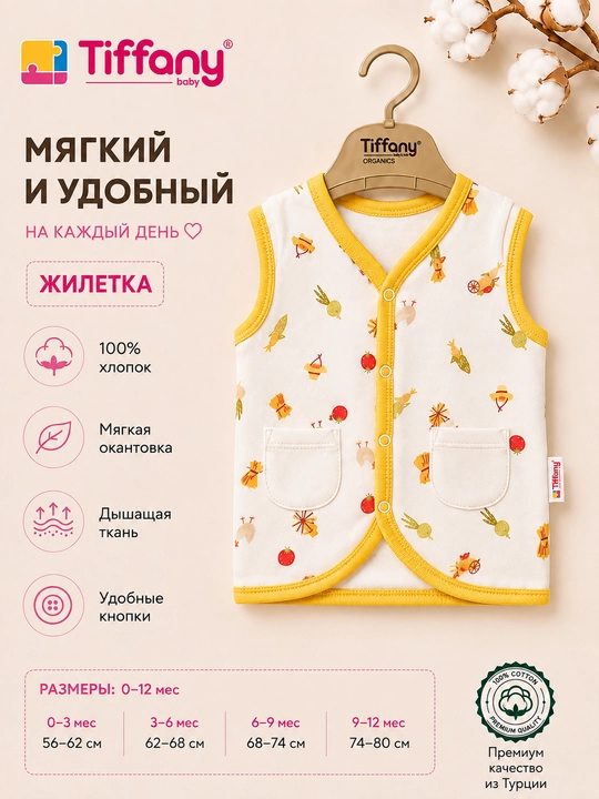 Жилет для малыша Tiffany Baby, 100% органический хлопок, с принтом овощей и курочек - 