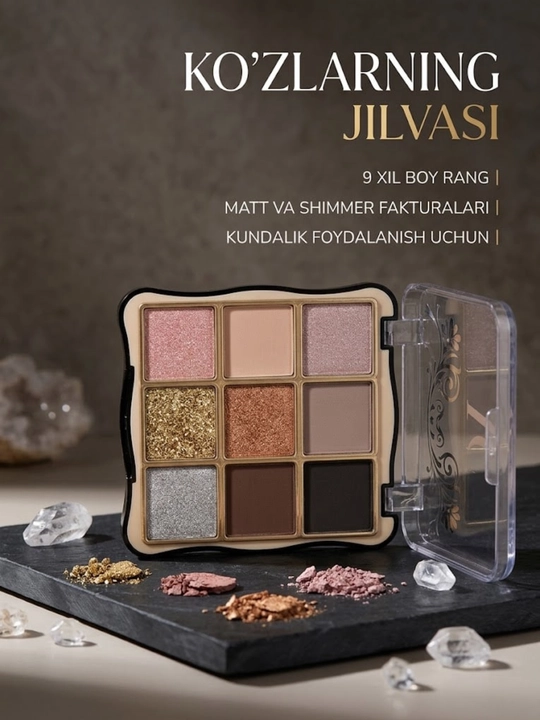 Ko'z uchun tenlar paletkasi Velora Cosmetics Eyeshadow makiyaj to'plami, 9 rang - 