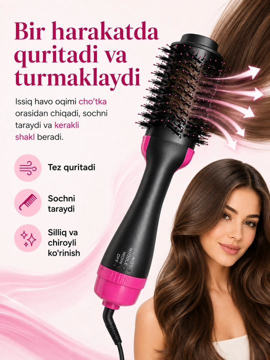 Fen taror, Soch quritish uchun taroq, sochni to'g'rilash, 3 tasi 1 da