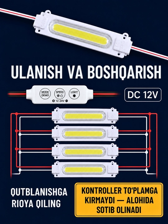 Interyer, avtomobil va reklama yoritishi uchun 12V LED modul va 12–24V kontroller