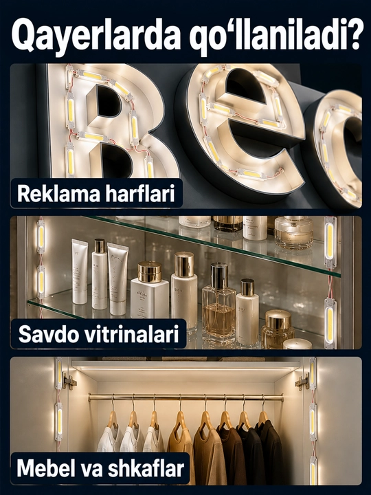Interyer, avtomobil va reklama yoritishi uchun 12V LED modul va 12–24V kontroller