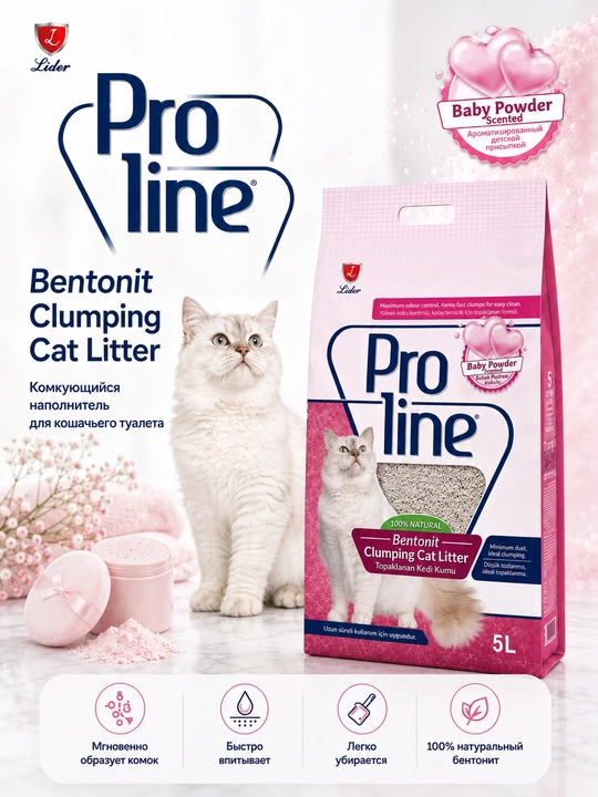 Proline комкающийся бенонитовый наполнитель, с ароматом детской присыпки, 4.25 кг - 