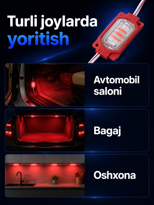 Interyer, avtomobil va reklama yoritishi uchun 12V LED modul va 12–24V kontroller