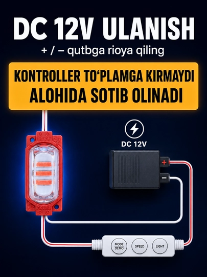 Interyer, avtomobil va reklama yoritishi uchun 12V LED modul va 12–24V kontroller