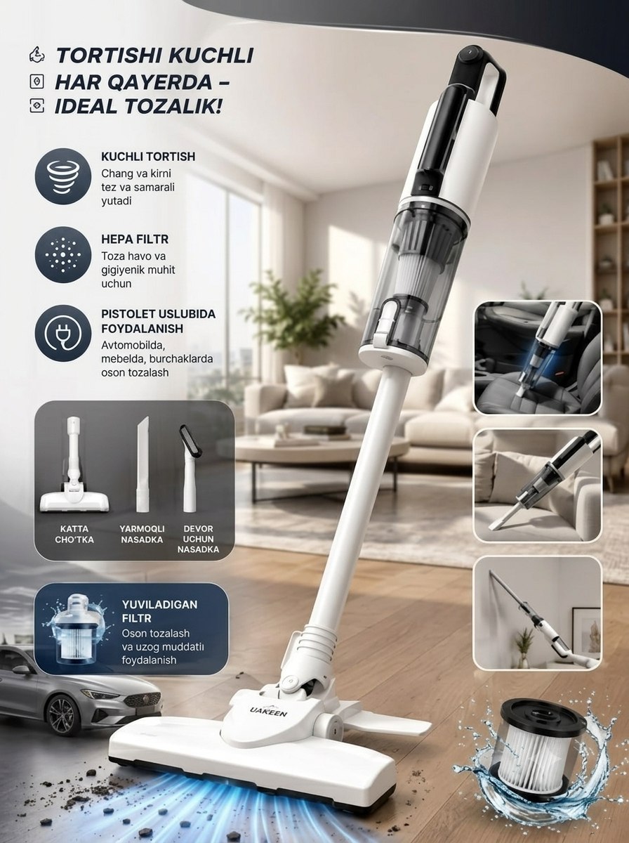 Pelisos,vertikal pelisos, Uakeen 1500 W, gilam, divan, avtomobil va pol tozalash+2 nasadka - 