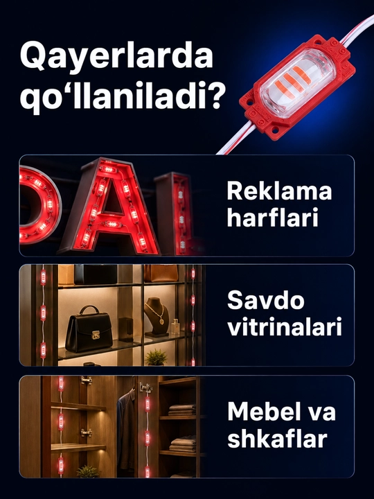 Interyer, avtomobil va reklama yoritishi uchun 12V LED modul va 12–24V kontroller