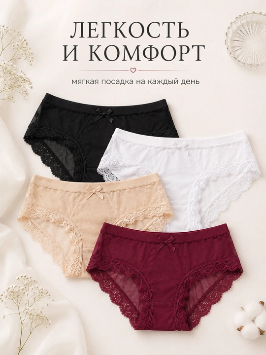 Ayollar trusiklari, 8 dona to‘plam, dantelli, yumshoq to‘r, 8 xil rang