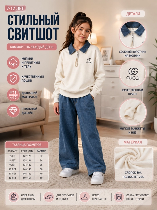 Свитшот для девочек с воротником, 7–12 лет - 