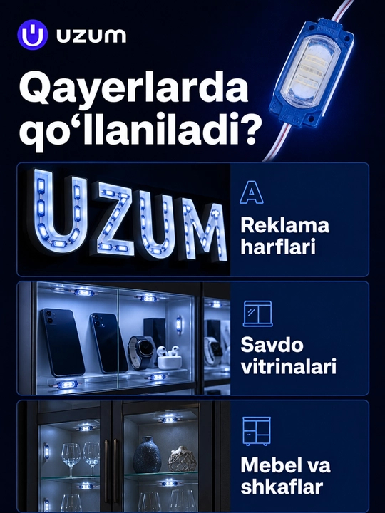 Interyer, avtomobil va reklama yoritishi uchun 12V LED modul va 12–24V kontroller