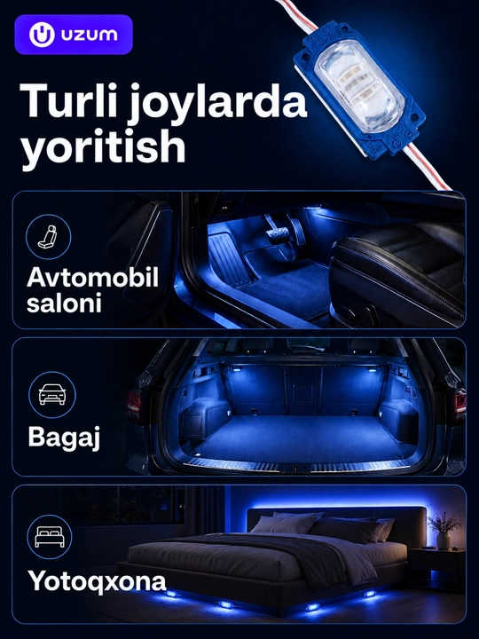 Interyer, avtomobil va reklama yoritishi uchun 12V LED modul va 12–24V kontroller