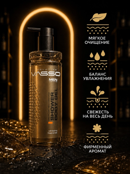 Освежающий мужской гель для душа VASSO Fresh & Rejuvenating, тонизирующий