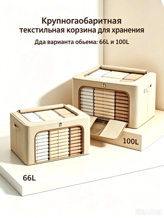 Коробка-органайзер для одежды и вещей, два отв., прозрачное окно, 66 л / 100 л на выбор