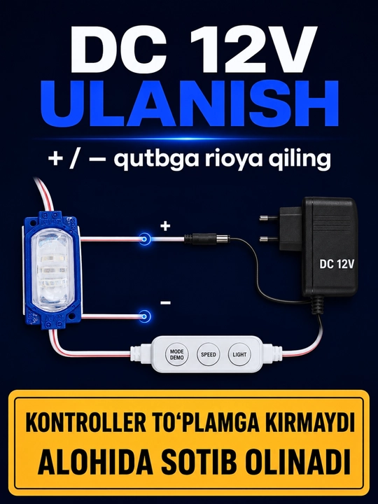 Interyer, avtomobil va reklama yoritishi uchun 12V LED modul va 12–24V kontroller