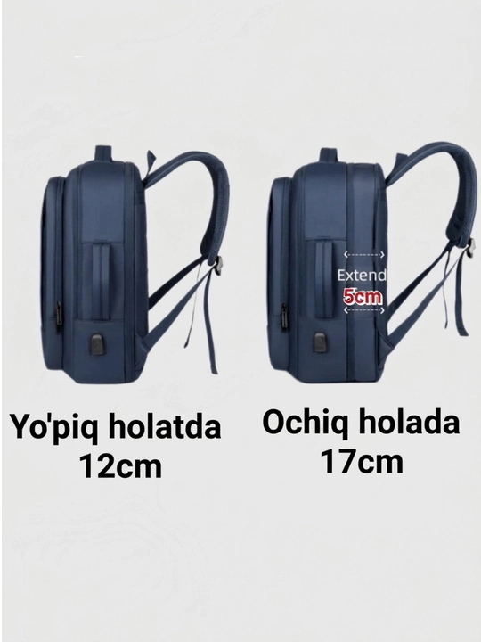 Universal sumka-ryukzak transformer, 5 sm ga kengayadigan kenglik, noutbuk uchun, USB port