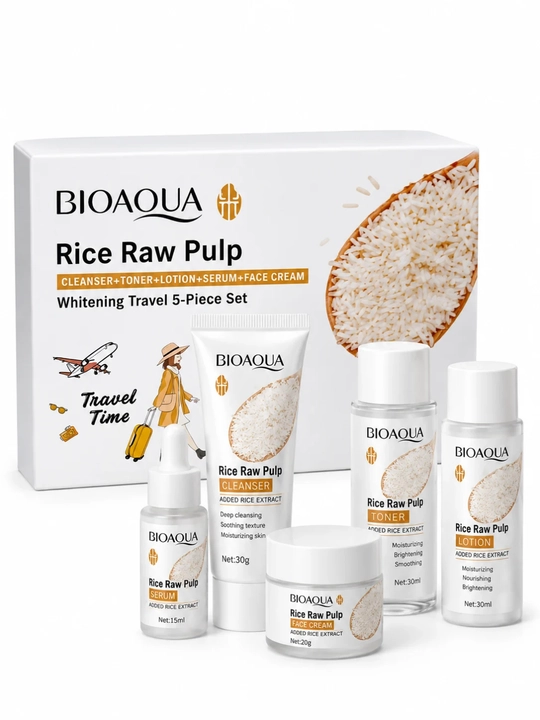 Bioaqua 5 ta 1 da yuz parvarishi uchun guruch ekstrakti qo‘shilgan yoshartiruvchi mini to‘plam - 
