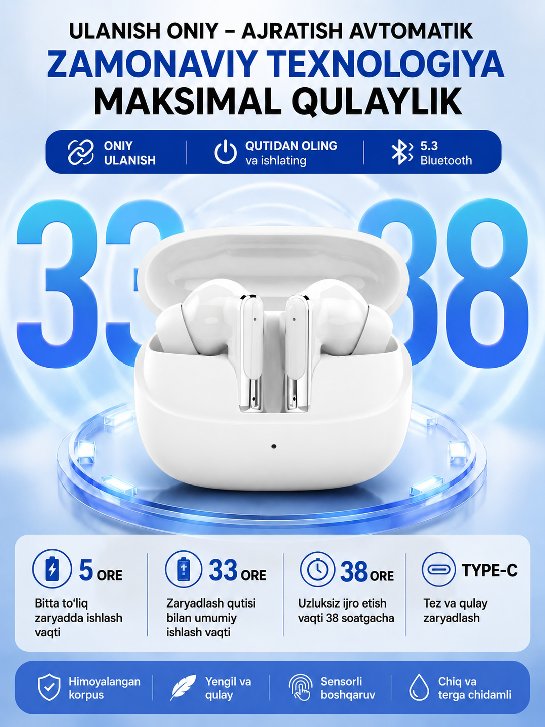 Беспроводные Bluetooth наушники E100 TWS с Bluetooth 5.3 и кейсом - 