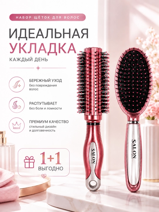 Массажная расчёска, набор из 2 штук, для волос - 