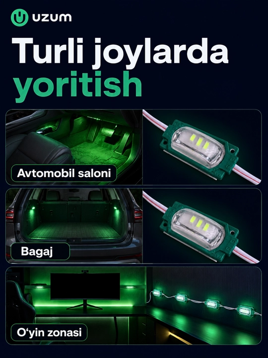 Interyer, avtomobil va reklama yoritishi uchun 12V LED modul va 12–24V kontroller