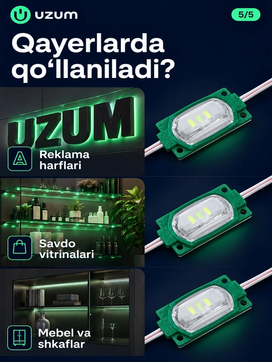 Interyer, avtomobil va reklama yoritishi uchun 12V LED modul va 12–24V kontroller