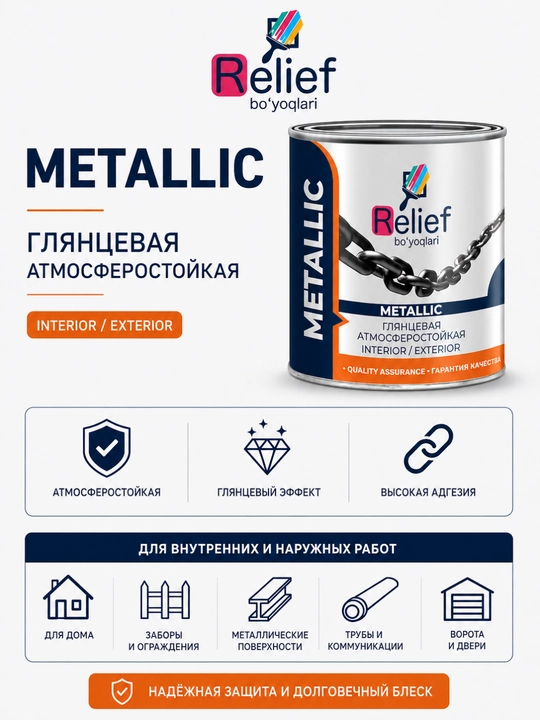 Краска для металла Relief Metallic глянцевая атмосферостойкая, интерьер и экстерьер - 